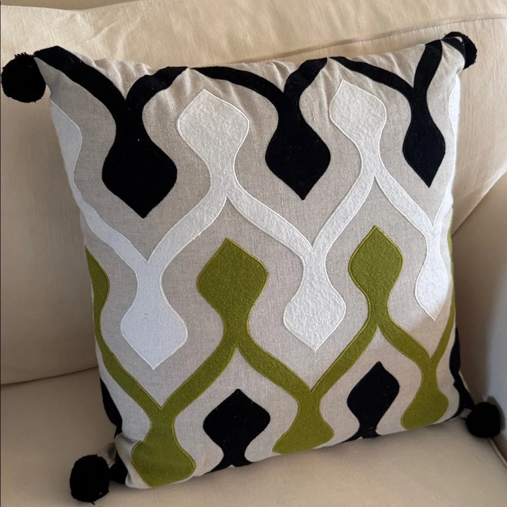 Nikki Chu Ophelia Green Ivory Graphic Poly Throw Pillow 22 inch 100% Linen